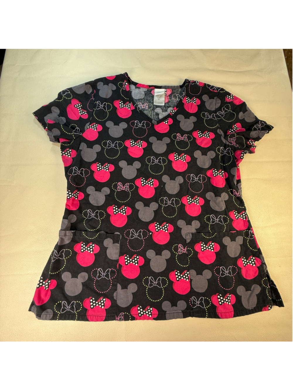 Disney Minnie Mouse Scrub Top Women M Black Pink Gray Medical Nurse V Neck Pocke